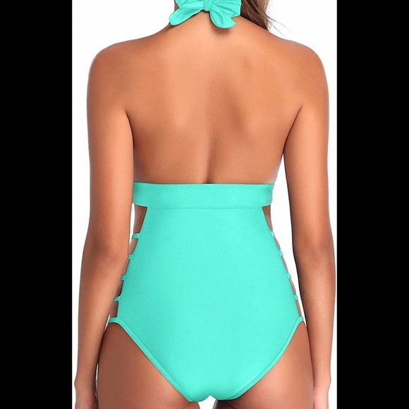 🍍Tempt Me Plunge V Neck One Piece Halter Open Back High Leg Cutout Swimwear - Picture 4 of 5